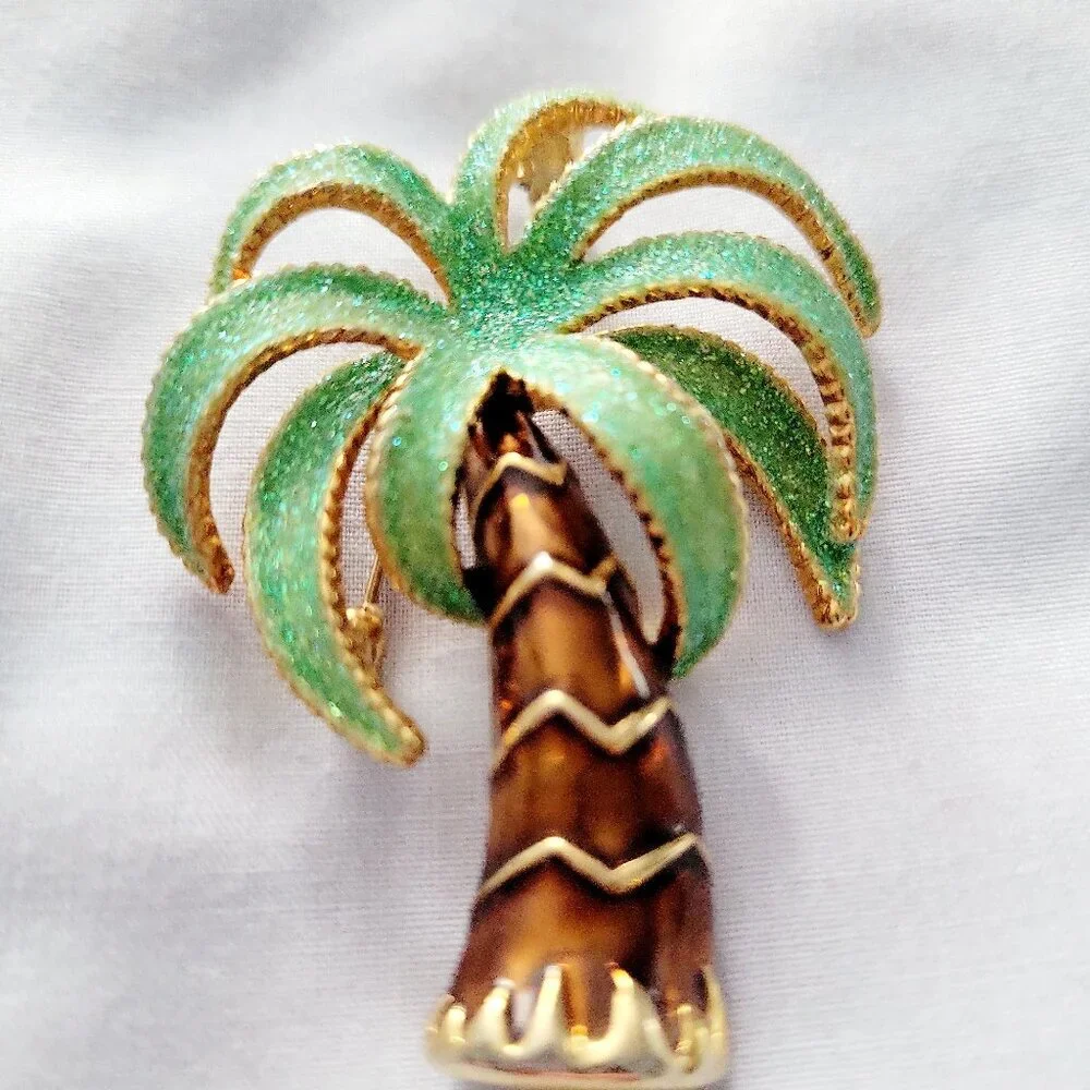 Vintage 1980s Palm Tree Brooch Enamel Gold Tone Tropical Statement Pin - Picture 4 of 5
